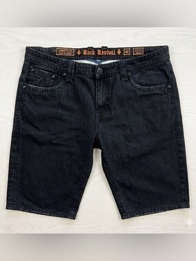 Rock Revival Steven Black Denim Shorts Men's Size 42 Distressed Fleur-de-lis